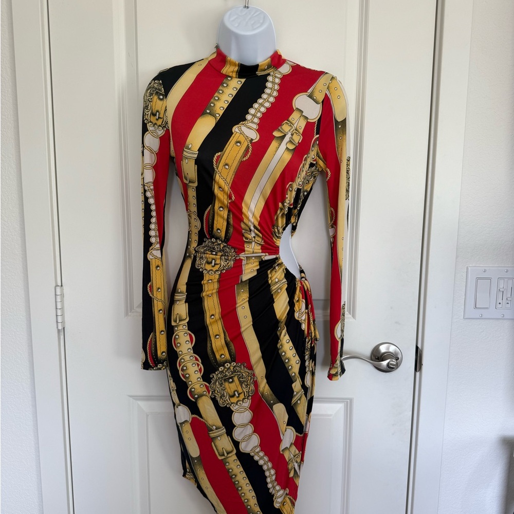 Fashion Nova Red and Black Long Sleeve Dress